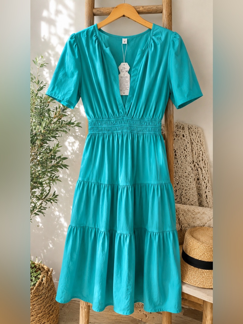 NWOT Turquoise Teal Tiered Maxi Dress Smocked Waist Puff Sleeve Large